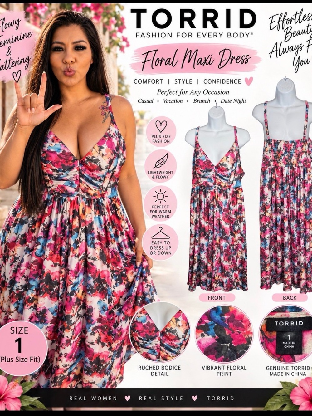 torrid Pink Multi Floral Maxi Dress with Blue Accents